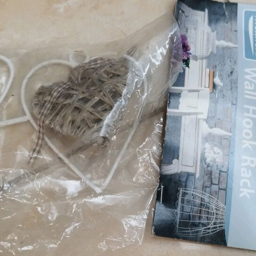 Metal wall clothes hanger new, six hooks, white with heart decorations