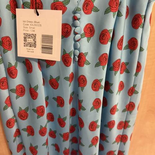 Ioli dress Hemithea, blue with red rose pattern, size small
