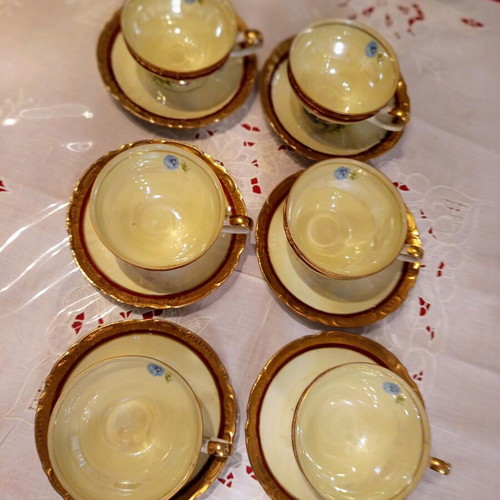 Vintage porcelain tea set 6 pieces used with burgundy and gold details