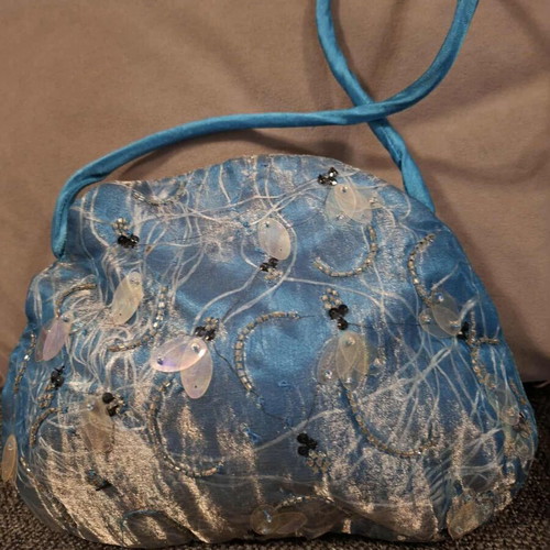 Handheld bag embroidered with beads and sequins like new, blue