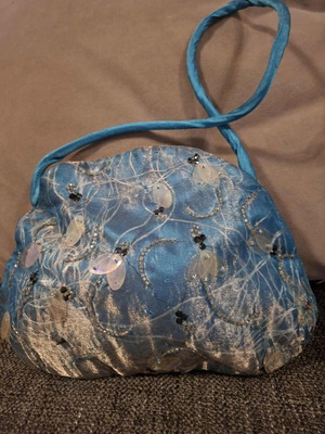 Handheld bag embroidered with beads and sequins like new, blue