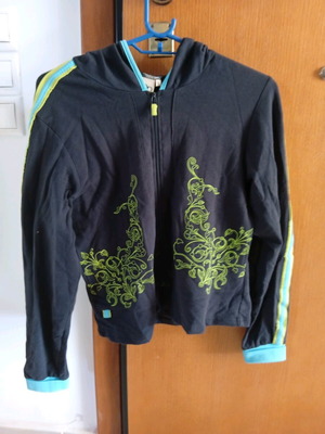 Children's hoodie sweatshirt used with zipper and hood, size L, black turquoise