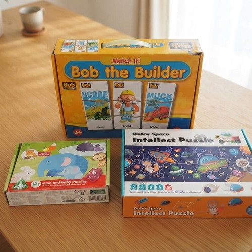 Children's puzzle set used, 3 pieces including Bob the Builder