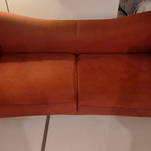 Three-Seater Sofa handmade with Beech Wood Frame, used, Bordeaux Alcantara Fabric
