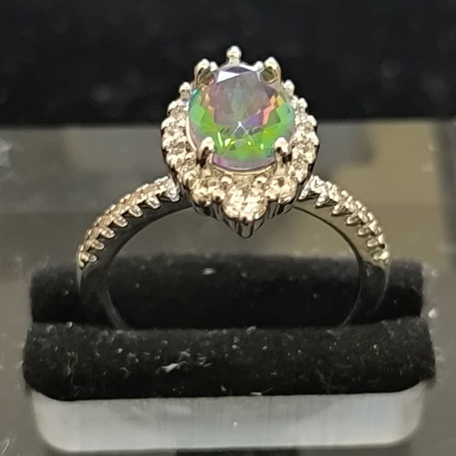 Vintage ring with multicolor iridescent stone and white zircons new