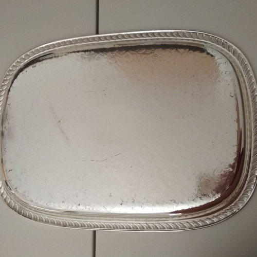 Serving tray used, stainless steel vintage with embossed design 39x28.5 cm
