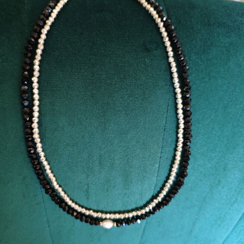 Set of 2 Handmade Necklaces with Black Spinel and Silver Hematite New