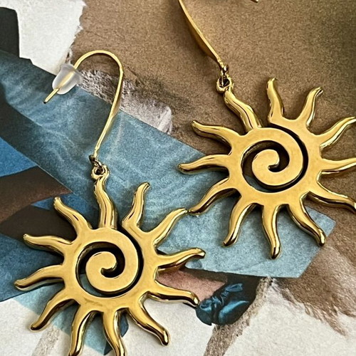 Sun design stainless steel earrings gold tone, new