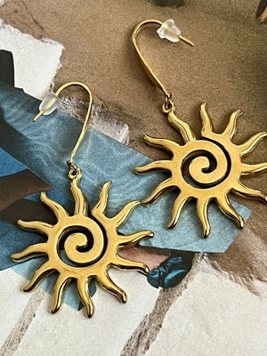 Sun design stainless steel earrings gold tone, new