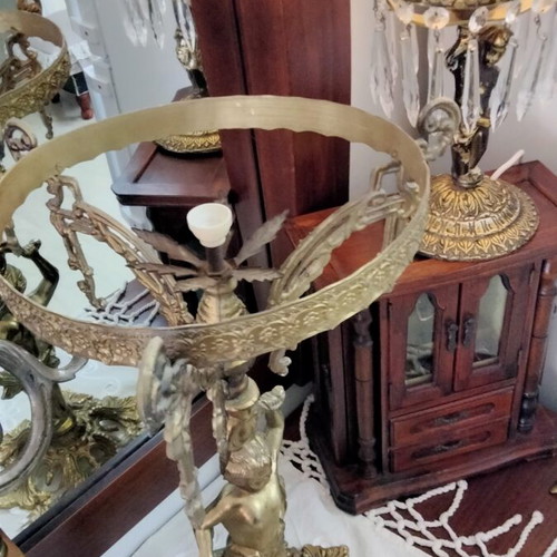 Vintage brass table lamp with cherub and hanging crystals