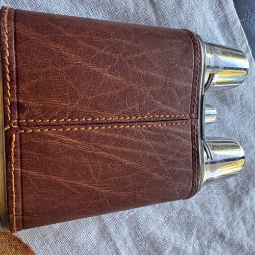 Italian leather flask with two metal cups travel bar set vintage