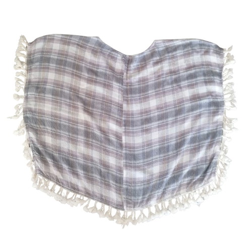 Cherry Paris poncho with checkered pattern and white tassels like new
