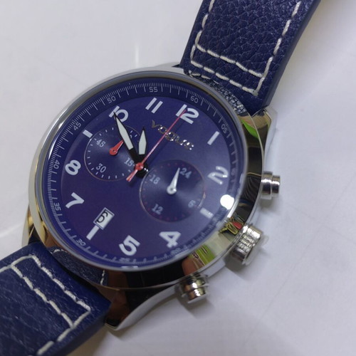 Vogue men's watch new, blue leather strap, 45mm dial, waterproof