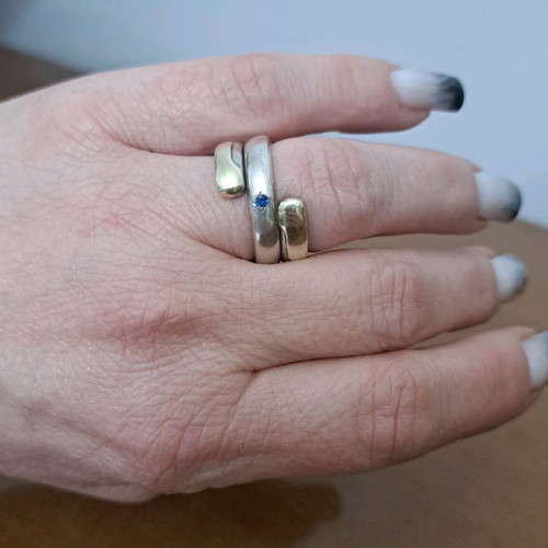Ring silver 950 and gold 585 with blue precious stone like new