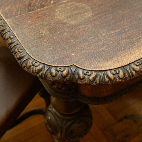 Tudor Jacobean dining set used, table and 6 chairs, antique