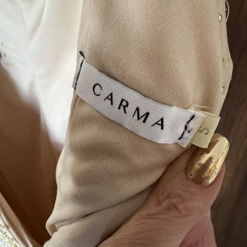 Carma luxury gold pearl embellished evening gown like new