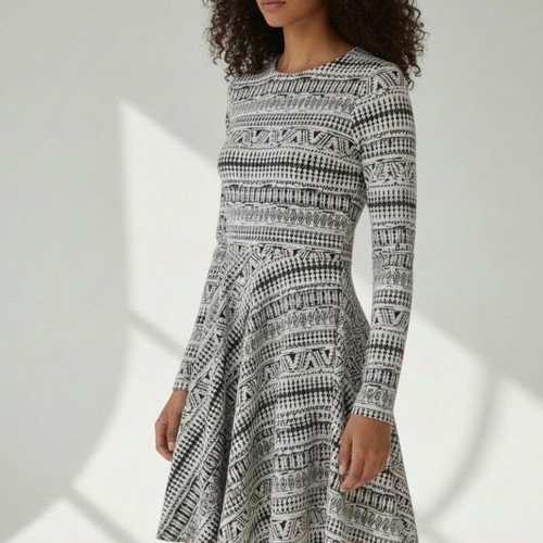 Monochrome Geometric Pattern Long Sleeve Y2K Dress, size L