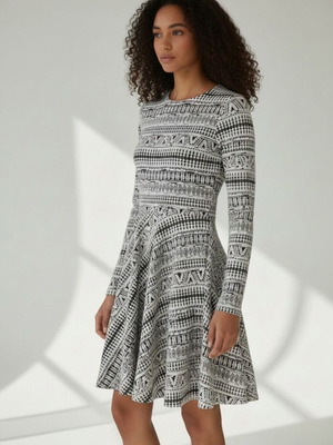 Monochrome Geometric Pattern Long Sleeve Y2K Dress, size L
