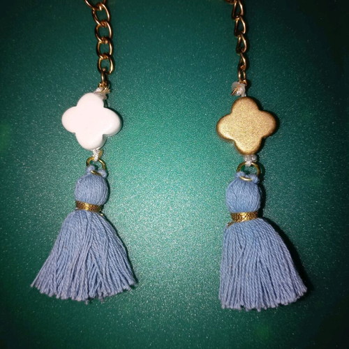 Set of 2 Keychains Light Blue Pom Pom, Wooden White and Gold Cross New, Handmade, for bag