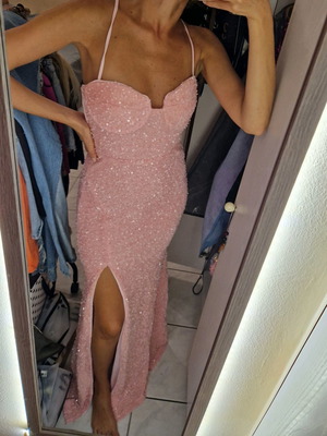 Maxi Cami Dress pink with sequins and slit, new size S/M