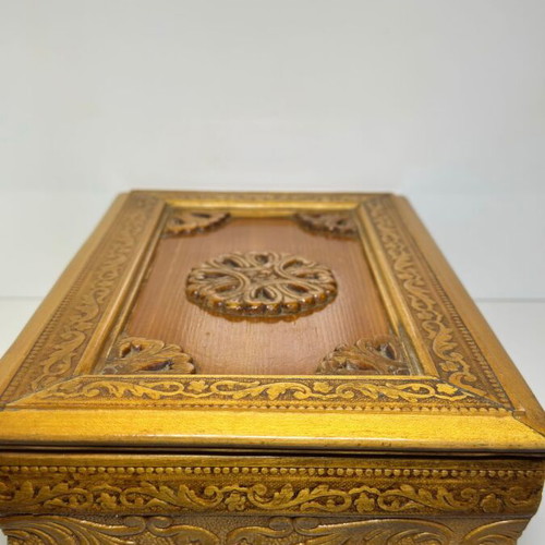 Wooden carved storage box used, handmade with fabric lining
