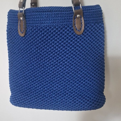 Handmade blue knitted shoulder bag new with leather-look straps