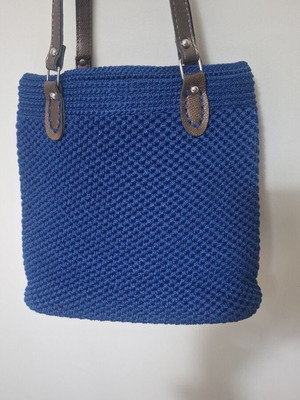 Handmade blue knitted shoulder bag new with leather-look straps
