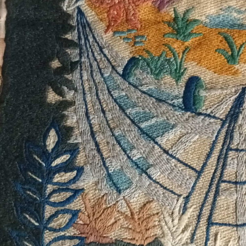 Old embroidery with flat stitch for framing used