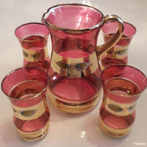 Vintage collectible wine serving set from Bohemian glass red color new