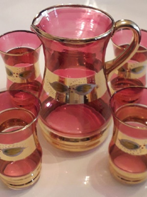 Vintage collectible wine serving set from Bohemian glass red color new