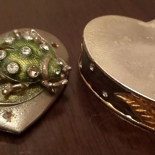 Heart jewelry box used, mini, ornate with leaf and beetle