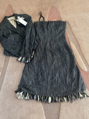 Dress and jacket set new, blue, denim fabric with tulle details