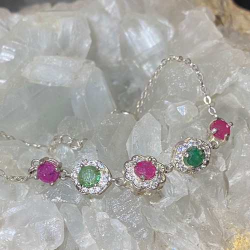 Handmade silver bracelet with natural emerald, ruby and moissanite