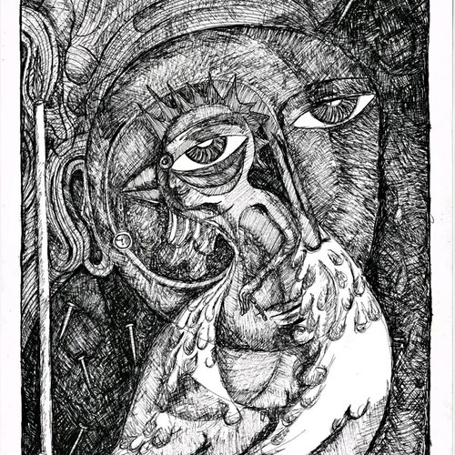 Drawing on paper with rapidographs titled Before the Rooster Crows