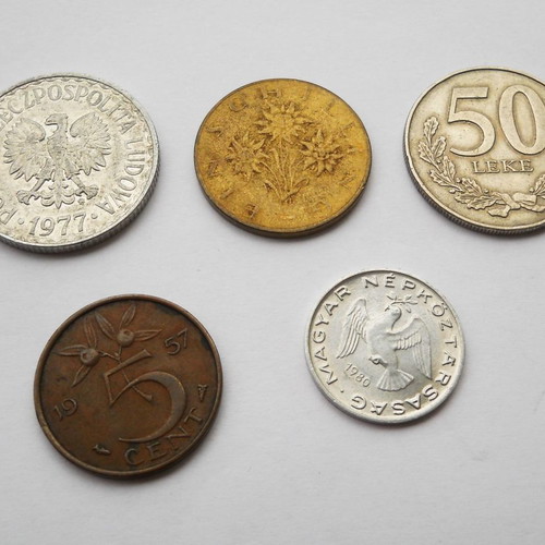 Coins of Albania, Austria, Poland, Netherlands, Hungary used, pack of 5