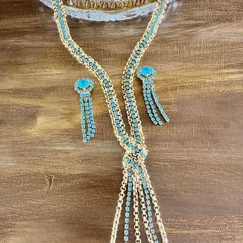 Jewelry set with necklace and earrings from Rhodes in gold and turquoise colors