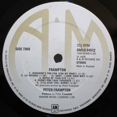 Frampton vinyl LP album used, rock, 1975 A&M Records