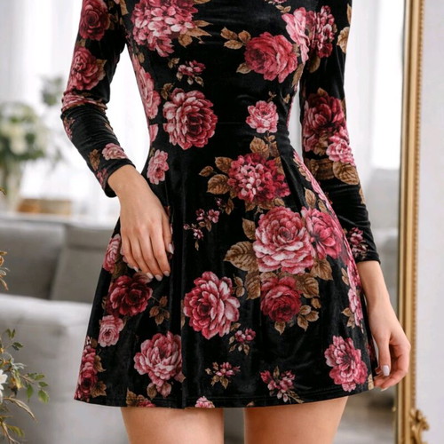 Velvet floral dress New Look with scoop back, like new, size XS