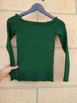 Off-shoulder ribbed knit top, deep green, one size S/M