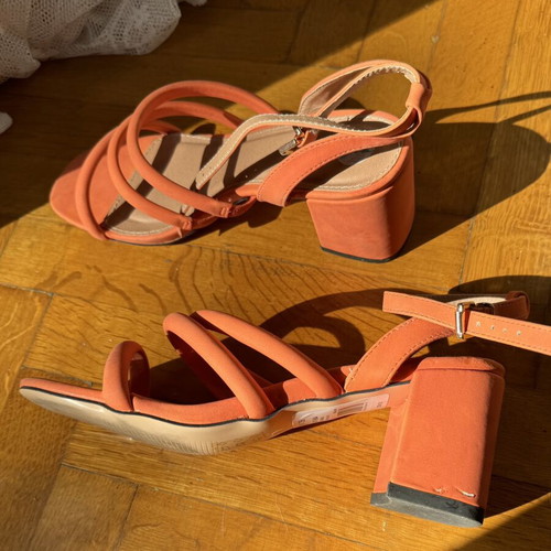 Classic orange block heel sandals used, strappy micro-strap design