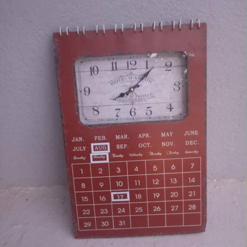 Metal wall clock calendar, vintage style, red