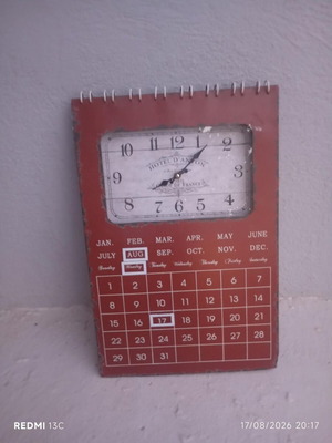 Metal wall clock calendar, vintage style, red