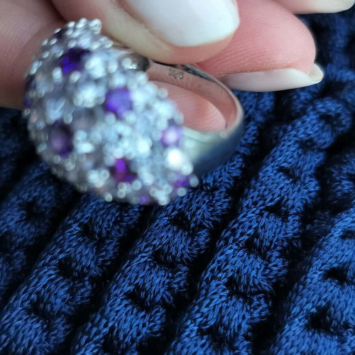 925 Silver Ring with Purple and White Crystals New