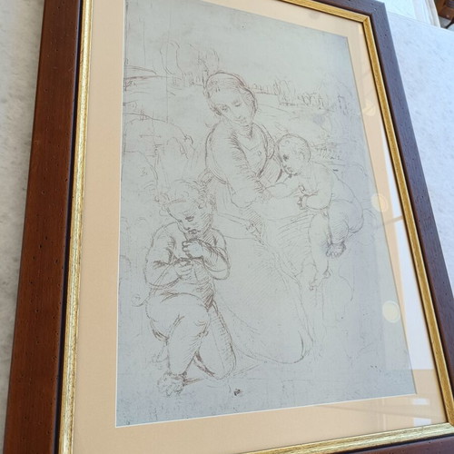 Engraving-style painting, children's scene, 0.80x0.60 m, vintage