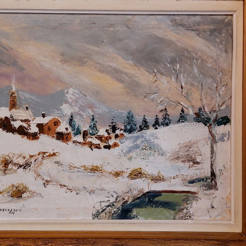 Winter landscape used, spatula painting by A. Patsoglos 52x43