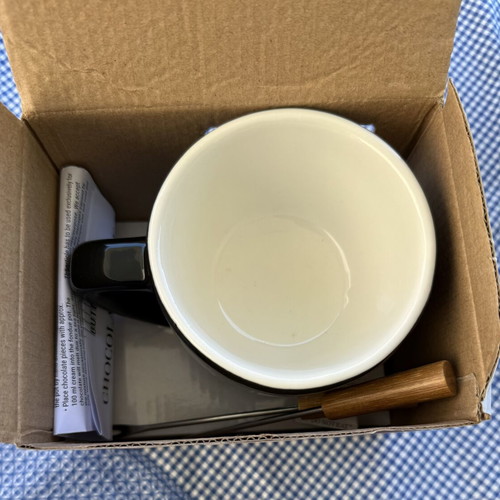 Chocolate fondue set new in box with cup and forks