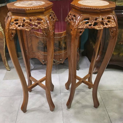 Pair of Antique Plant Stands with Carved Wood and Marble Like New