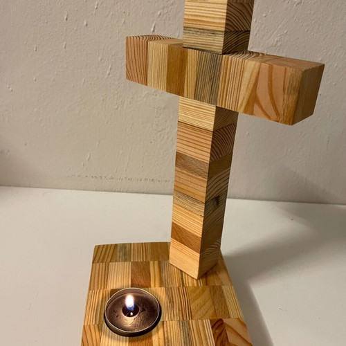 Handmade wooden cross with tealight holder new