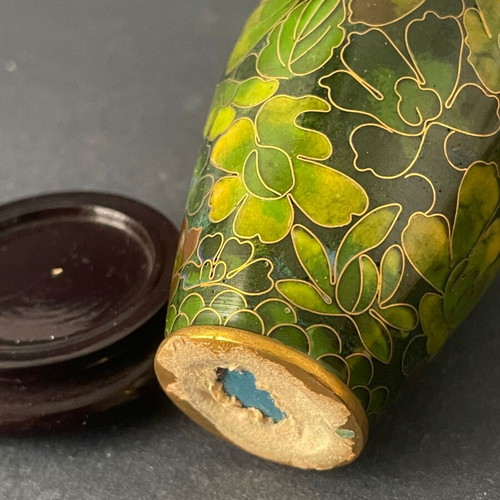Chinese mini cloisonné vase used, emerald green brass enamel 8cm