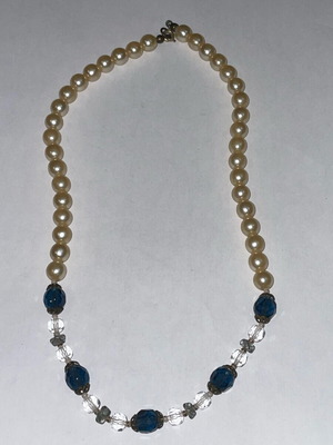Necklace used with beige and blue faux pearls